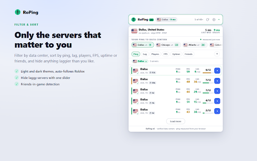 RoPing :: Find the best Roblox server: verified data-center locations, your real measured ping, FPS, lag score, friends and one-click join.