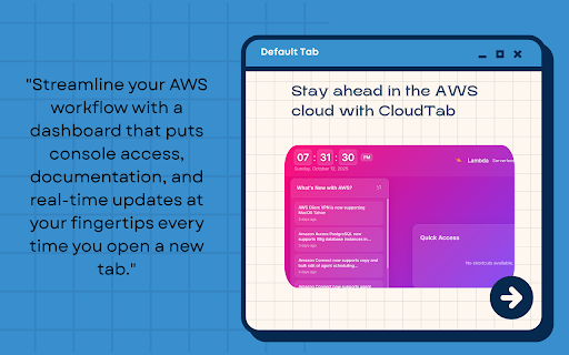 CloudTab – AWS New Tab Dashboard :: AWS dashboard for new tab - Real-time updates, weather, time display, customizable shortcuts, and layout positioning