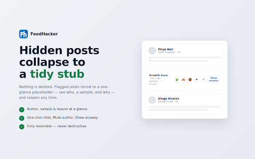 FeedHacker :: Mute the noise in your LinkedIn feed: AI slop, promoted posts, engagement bait, hiring, and more — with a Mute/Solo mixer.