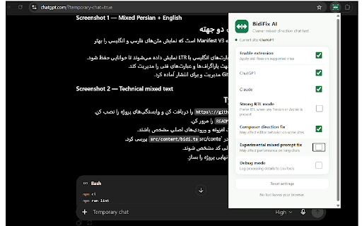 BidiFix AI :: Improves mixed Persian/Arabic RTL and English LTR text in ChatGPT and Claude conversations.