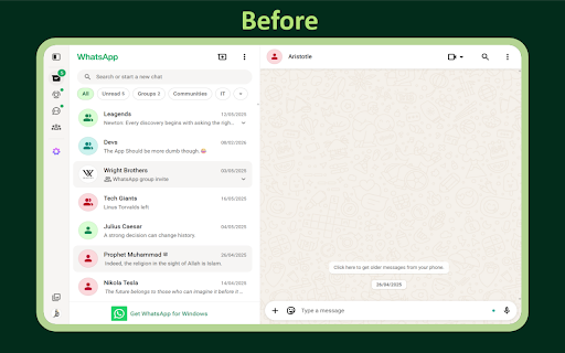 WA Web Sidebar Toggle :: Hide or show the WhatsApp Web sidebar with one click or Alt+S distraction-free chats, clean screen sharing and multi-tasking.