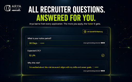 Arya by Mentoria: One-Click AI Autofill for Indian Job Portals :: Autofill job applications on LinkedIn, Internshala, Indeed, Lever and Workday using your Arya profile.