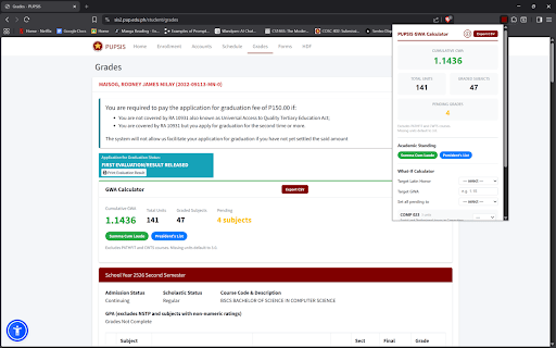 PUPSIS GWA Calculator :: Calculates your cumulative GWA from the PUPSIS grades page, excluding PATHFIT and CWTS courses.