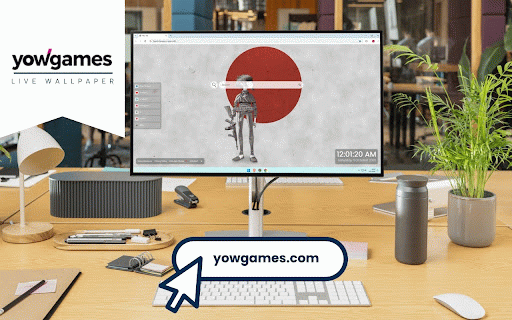 Gorillaz Noodle Live Wallpaper :: Anime warrior character in monochrome with iconic red sun and floating petals backdrop.