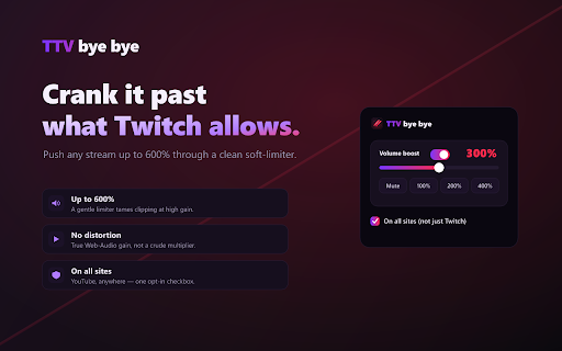 TTV bye bye :: Removes live video ads (pre-roll + mid-roll) on Twitch with no black screen.