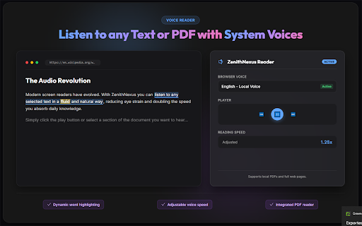 ZenithNexus - PDF Text to Speech (TTS) & Dictation (STT) :: Read PDFs aloud (TTS) and dictate text with smart voice formatting (STT) 100% locally. The ultimate accessibility Chrome tool.