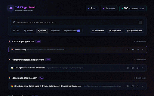 TabOrganized :: A gorgeous, minimalist dashboard to list, search, and organize tabs across all windows with keyboard-first shortcuts.