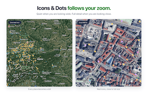 Clean Google Maps :: Shrink Google Maps pins, or turn them into small coloured dots. Your places and labels all stay exactly where they are.