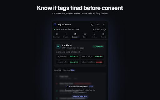Tag Inspector — Meta Pixel, LinkedIn & GA4 Tag Detector :: Audit any page's tracking setup: detect Meta Pixel, GA4, GTM and 10+ platforms, stream live events, check consent, export reports.