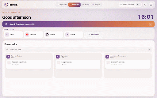 Pomelo Tab :: Turn every new tab into a calm workspace for tabs, bookmarks, history, shortcuts, search, and local usage insights.