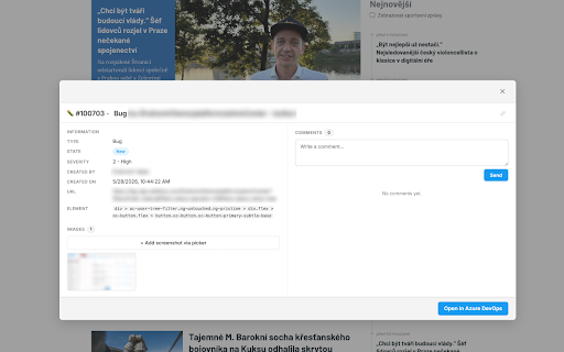 Reporter (Azure) :: Pick any page element and report it (bug, story, issue) to Azure DevOps — with screenshot, comments and on-page badges.