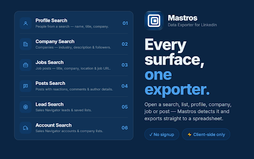 LinkedIn Scraper: Export Profiles, Jobs, Posts & Sales Navigator to Excel :: LinkedIn profile scraper and Sales Navigator scraper. Export profiles, jobs, posts, companies to Excel or CSV · by Mastros