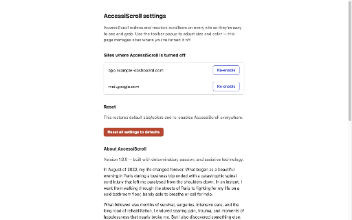 AccessiScroll :: Widens and recolors scrollbars on every site so they're easy to see and grab, no matter what input device you use.