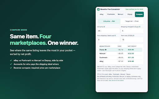 eBay, Poshmark, Mercari, Depop Fee Calculator :: Reseller fee & profit calculator for eBay, Poshmark, Mercari & Depop. See your real net — or price backward from target profit.