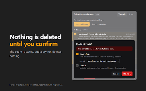Perplexity Bulk Delete & Export :: Bulk delete Perplexity threads. Filter by keyword or date, export to Markdown or JSON first. Nothing leaves your browser.