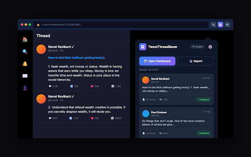 Tweet Thread Saver :: Save X/Twitter threads with one click. AI summaries, searchable archive, export to NotebookLM & Markdown. Never lose valuable…