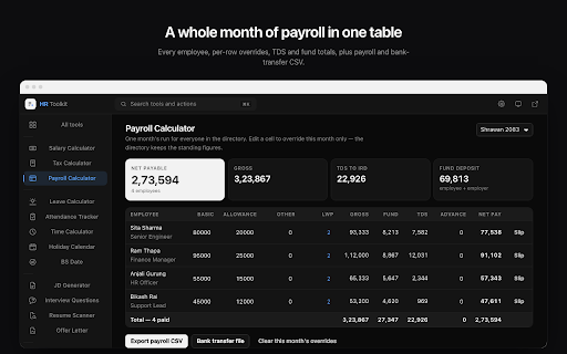 HR Toolkit — Nepal Payroll, Leave, BS Date & Hiring Tools :: 15 HR tools in one popup: Nepal salary & tax, payroll, leave, attendance, BS date, holidays, JD, offer letters, resume scan.
