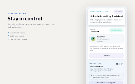 Recon - LinkedIn AI Writing Assistant :: Profile insights, replies, connection notes, and post drafting for LinkedIn. User-triggered only. No auto-send or automation.
