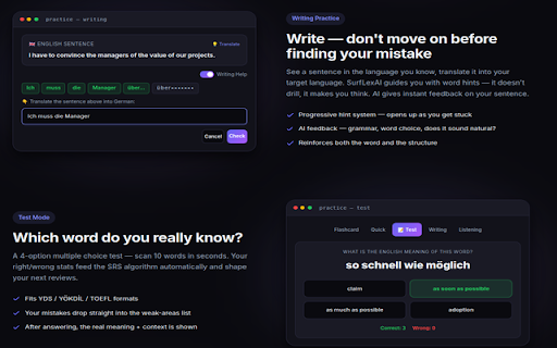 SurfLexAI - AI-Powered Translation & Language Learning Assistant :: Double-click any English word to translate and save it. Review with flashcards, quizzes, and writing practice.