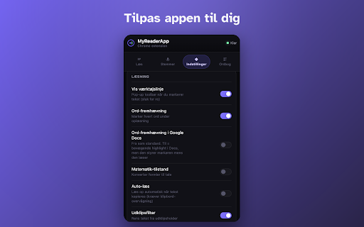 MyReaderApp :: Læser tekst op med ord-for-ord markering og lader dig skrive med stemmen. Bygget til ordblinde. Virker også i Word og Google Docs.
