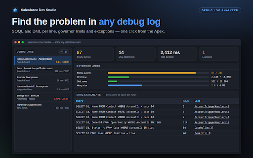 Salesforce Dev Studio – Apex, LWC, SOQL & Debug Log IDE :: VS Code-style IDE for Salesforce: edit & deploy Apex/LWC, SOQL autocomplete, debug log analyzer, replay debugger & data import.