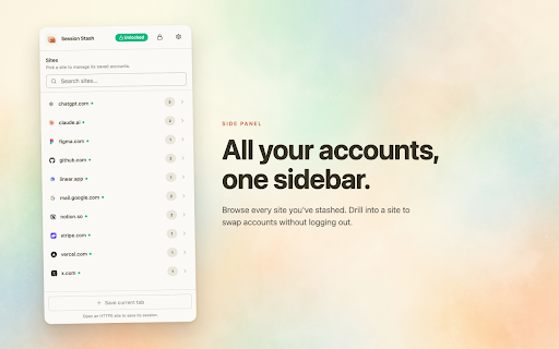 Session Stash :: Manage and switch multiple account sessions per site. Encrypted cookie and localStorage sync via Cloudflare KV.