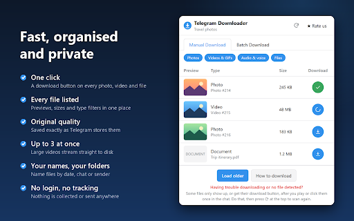 Telegram Web Downloader :: Download photos, videos, audio and documents from Telegram Web.