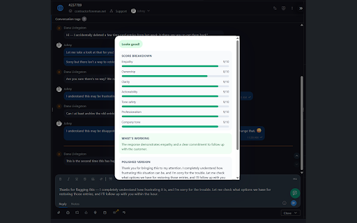 Support Coach :: Support Coach AI helps customer-support agents send better replies — in real time, right inside your help desk.
As you type,…