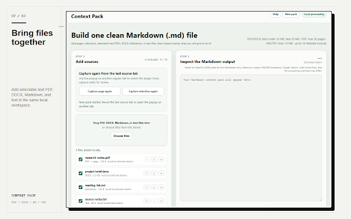Context Pack — Files & Web to Markdown :: Convert web pages, selections, PDF, DOCX, Markdown, and text into one clean Markdown (.md) file — locally.