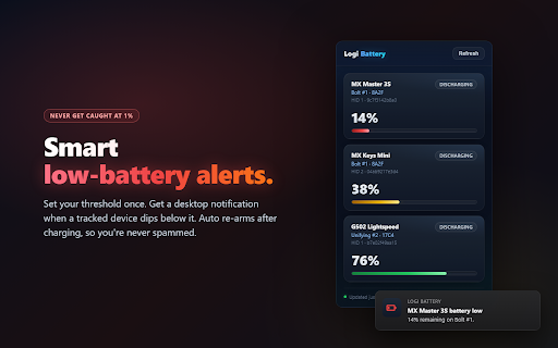 Logi Battery Dashboard :: Live battery levels for Logitech wireless mice & keyboards. Charging indicator, low-battery alerts, fully local.