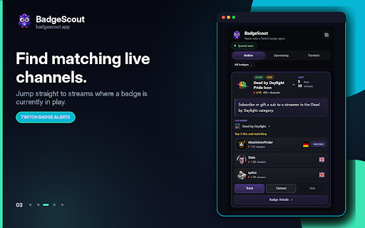 Twitch Badge Alerts - by BadgeScout :: Get alerts for active, upcoming, free, paid and final-24h Twitch badges. Track badges, set reminders and never miss one.