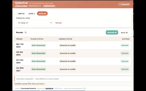 QubeGst — GST Downloader :: Download your GST returns from gst.gov.in locally — uses your own logged-in session, never your password or OTP.