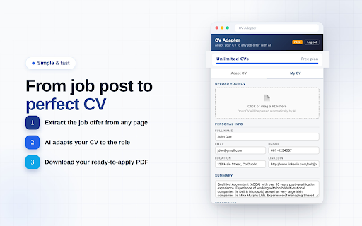 CV Adapter: AI Resume & CV Tailoring for Jobs :: AI resume builder that tailors your CV to any job description. Beat the ATS and apply faster, right from the job posting.