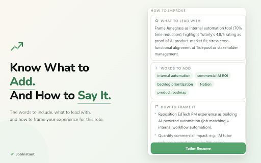 JobInstant - Resume Match Score & ATS Keyword Checker for Job Boards :: Resume match score & missing ATS keywords on every LinkedIn or Indeed job. Tailor your resume in one click. No account.