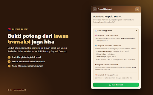 Bukpot Express :: Bukpot Express - Automated tax document downloader with period filtering for CoreTax DJP portal.