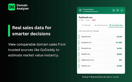 SNG - Domain Analyzer :: Right-click any domain to instantly open a modern UI with links to domainer tools. Powered by Smart Name Generator.