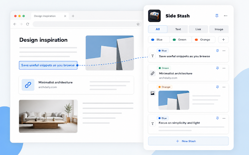 Side Stash :: Save text, links, and images to a private side panel. Search, filter, and copy — all stored locally.