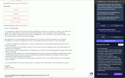 GetHired.work — Cover Letter Generator :: Generate AI cover letters from any job listing. Sidebar panel for GetHired.work.