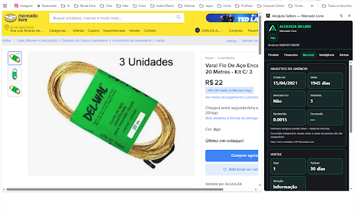 Alcajuza Sellers — Mercado Livre :: Analise anúncios do Mercado Livre: custos, margem, visitas e scores — no painel lateral do Chrome.