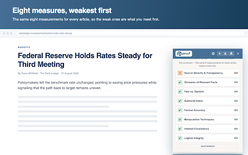 PRUUF :: Score any news article on eight measures of how it presents the truth — with the evidence behind every point.