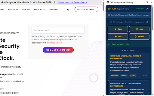 CAT — CogmemAi Memory :: Save and recall knowledge from any webpage or email. One click to remember, one click to recall.