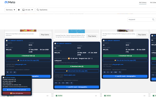 FB Ad Library Insights :: Injects hidden EU transparency data (reach, impressions, spend, demographics, run dates) onto each card in the Facebook Ad Library.