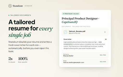 Standout: Instant Job Match & Apply with AI-Tailored Resume & Cover Letters :: Standout reads your resume, finds the right roles you fit, writes each application for you, and applies with one click
