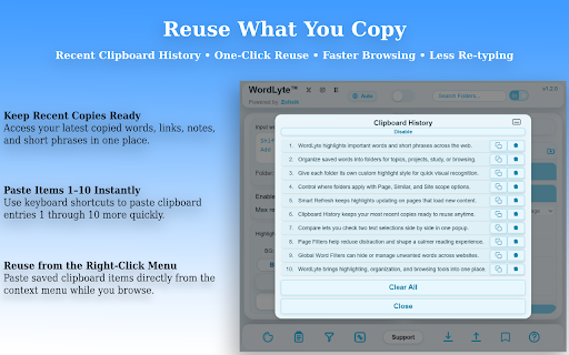 WordLyte - The Web Text Multi-Tool :: Highlight, bookmark, and organize words with folders, page filters, A/B compare, smart refresh, and clipboard history.