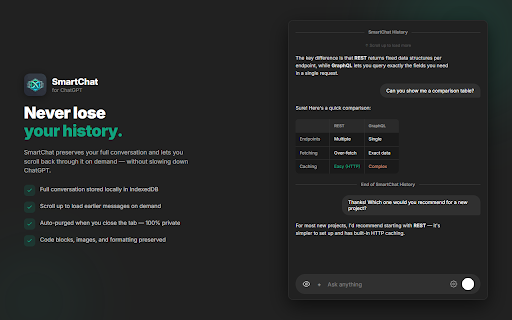 SmartChat - for ChatGPT :: Speeds up ChatGPT rendering and page loads. Full conversation history with on-demand loading and real-time performance stats.