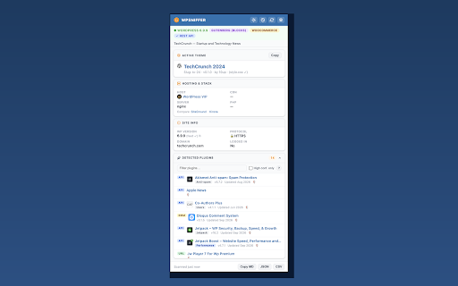 WPSniffer - WordPress Theme, Plugin & Hosting :: Instantly detect which WordPress theme, plugins, hosting, and page builder any site uses. One click shows you the full tech stack.