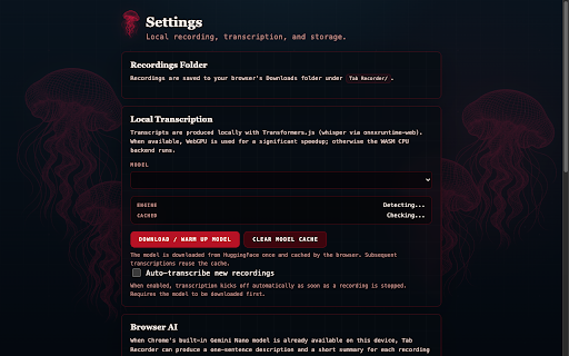 Tab Recorder :: Free tab and mic audio recorder with local saving, local transcription, and browser AI summaries.