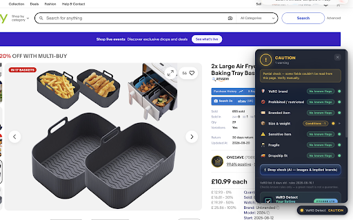 VeRO Detect – Brand & Restricted Item Checker :: Checks AliExpress, eBay and Amazon products against eBay VeRO and UK restricted-item rules before you list them.