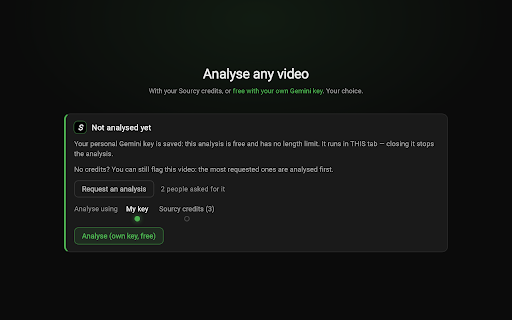 Sourcy — sources & fact-check :: Shows the evidence score and sources of a YouTube video, right under the title.