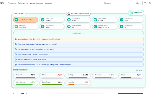 UpScore Pro - Smart Job Analysis for Upwork :: Save money on Upwork! Get instant job quality scores, risk warnings, and connect costs before applying to avoid bad clients.